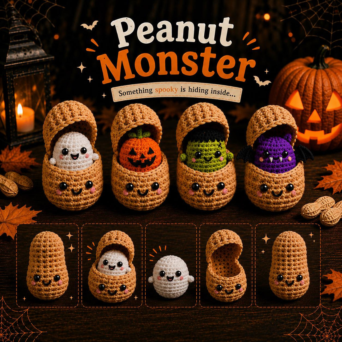 Peanut Monster Crochet Plush, Halloween Surprise Peanut, Ghost Pumpkin Bat Frankenstein Amigurumi, Spooky Fidget Toy, Cute Halloween Gift