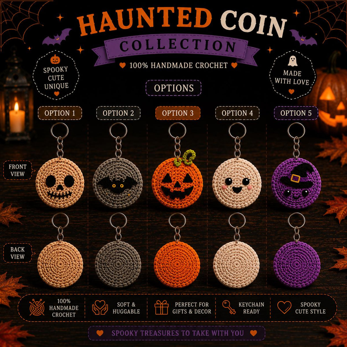 Haunted Coin Collection, Halloween Crochet Coin Keychain, Ghost Pumpkin Witch Bat Skull Charm, Cute Amigurumi Keyring, Spooky Halloween Gift