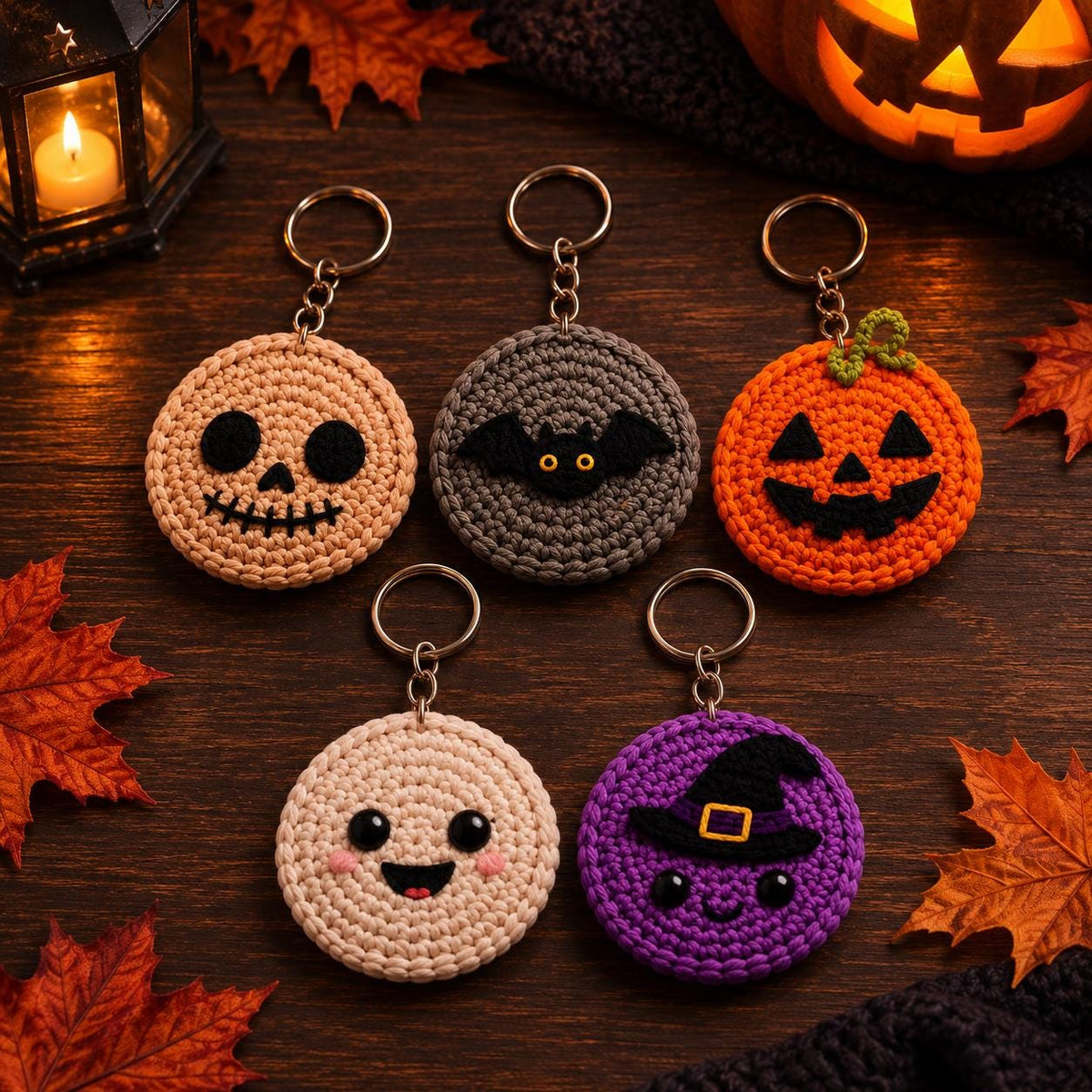 Haunted Coin Collection, Halloween Crochet Coin Keychain, Ghost Pumpkin Witch Bat Skull Charm, Cute Amigurumi Keyring, Spooky Halloween Gift