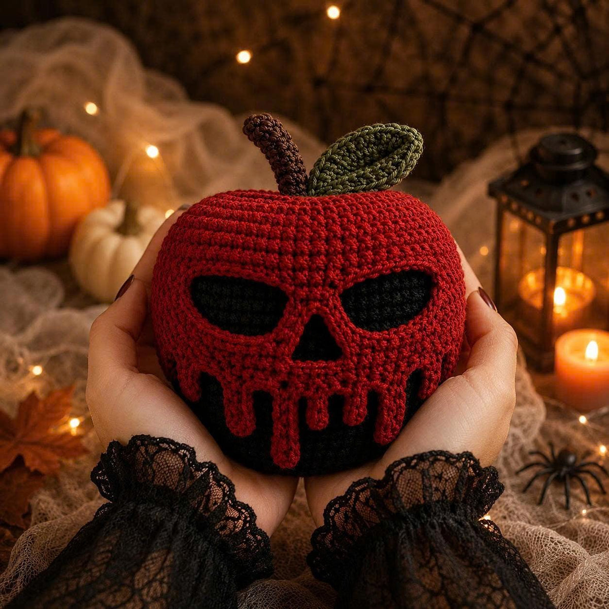 Crochet Poison Apple Decor, Halloween Skull Amigurumi, Spooky Tiered Tray Decor, Gothic Fall Centerpiece, Creepy Cute Witchy Home Accent