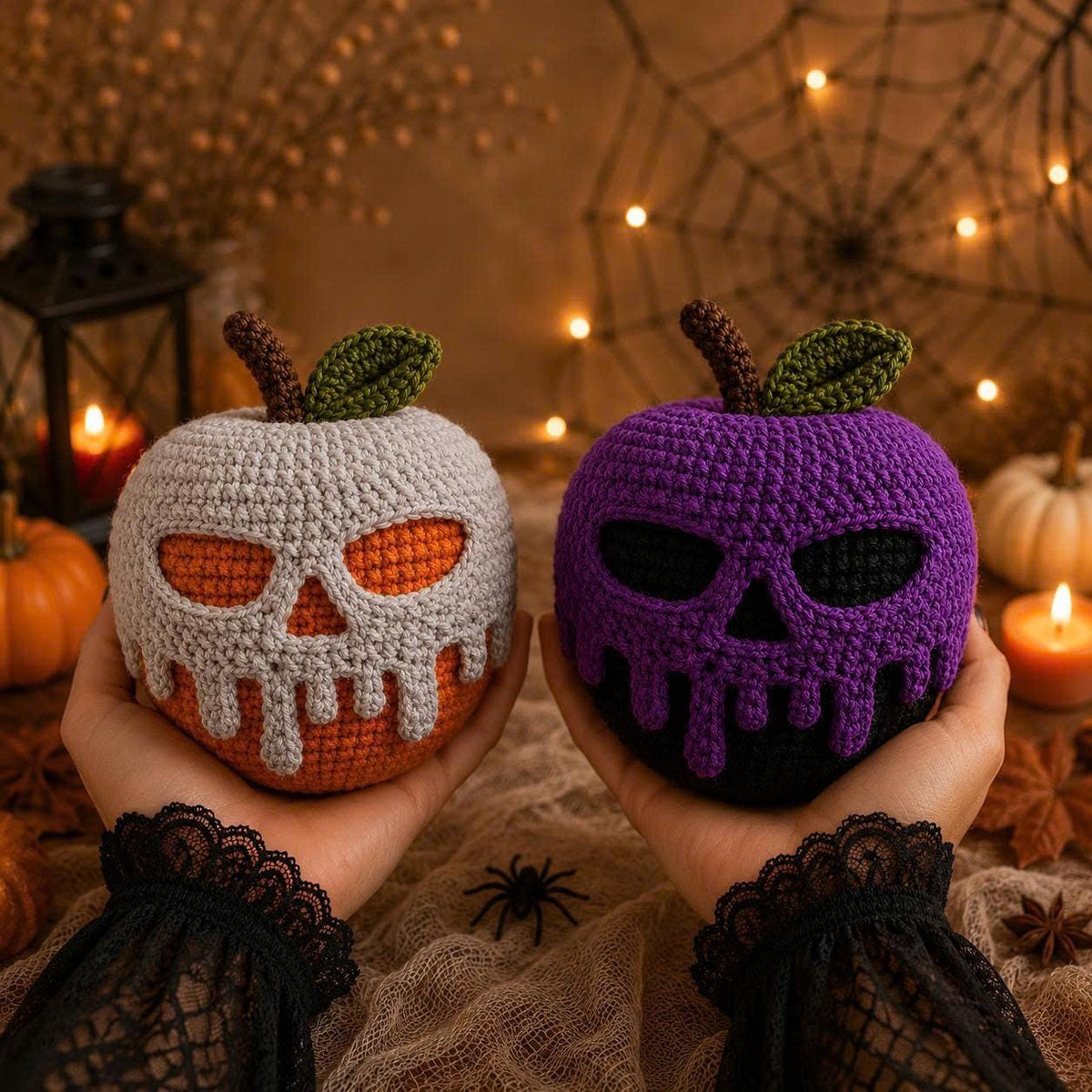 Crochet Poison Apple Decor, Halloween Skull Amigurumi, Spooky Tiered Tray Decor, Gothic Fall Centerpiece, Creepy Cute Witchy Home Accent