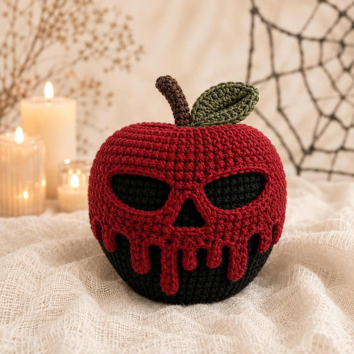 Crochet Poison Apple Decor, Halloween Skull Amigurumi, Spooky Tiered Tray Decor, Gothic Fall Centerpiece, Creepy Cute Witchy Home Accent