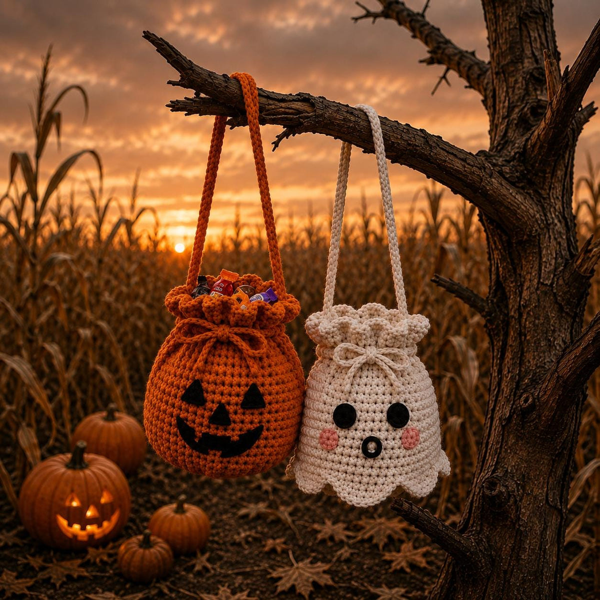 Crochet Pumpkin Candy Bag, Halloween Ghost Treat Pouch, Cute Drawstring Treat Bag, Spooky Trick or Treat Pouch, Kids Halloween Favor Bag