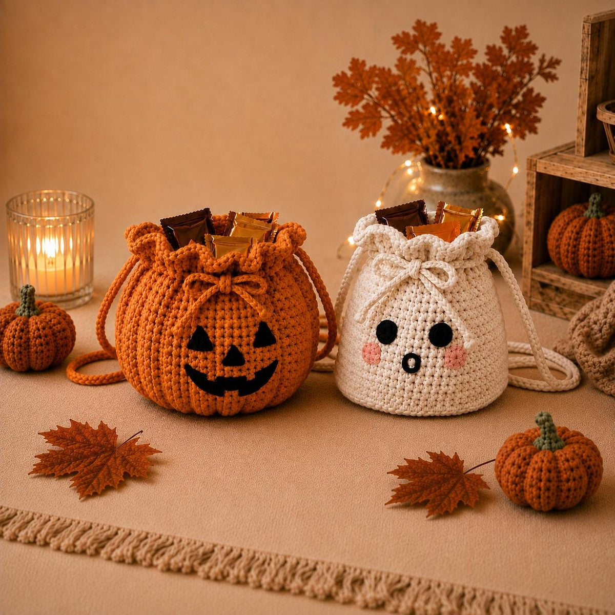 Crochet Pumpkin Candy Bag, Halloween Ghost Treat Pouch, Cute Drawstring Treat Bag, Spooky Trick or Treat Pouch, Kids Halloween Favor Bag