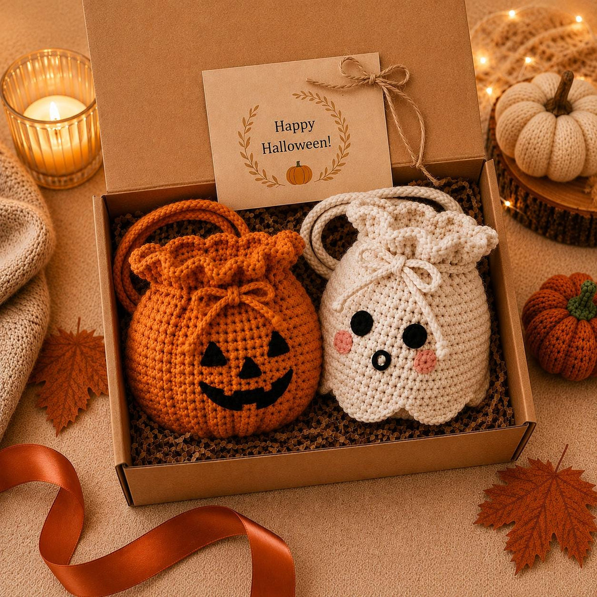 Crochet Pumpkin Candy Bag, Halloween Ghost Treat Pouch, Cute Drawstring Treat Bag, Spooky Trick or Treat Pouch, Kids Halloween Favor Bag