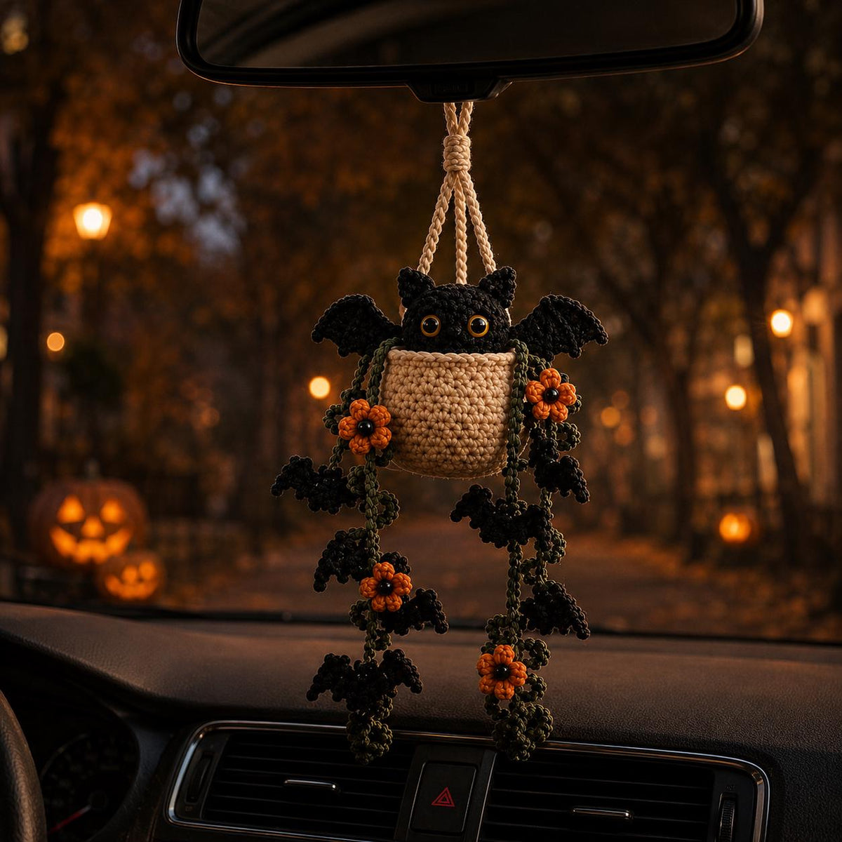 Crochet Bat Car Plant, Halloween Rearview Mirror Charm, Spooky Hanging Decor, Mini Plant Pot Accessory, Cute Bat Amigurumi, Fall Car Decor