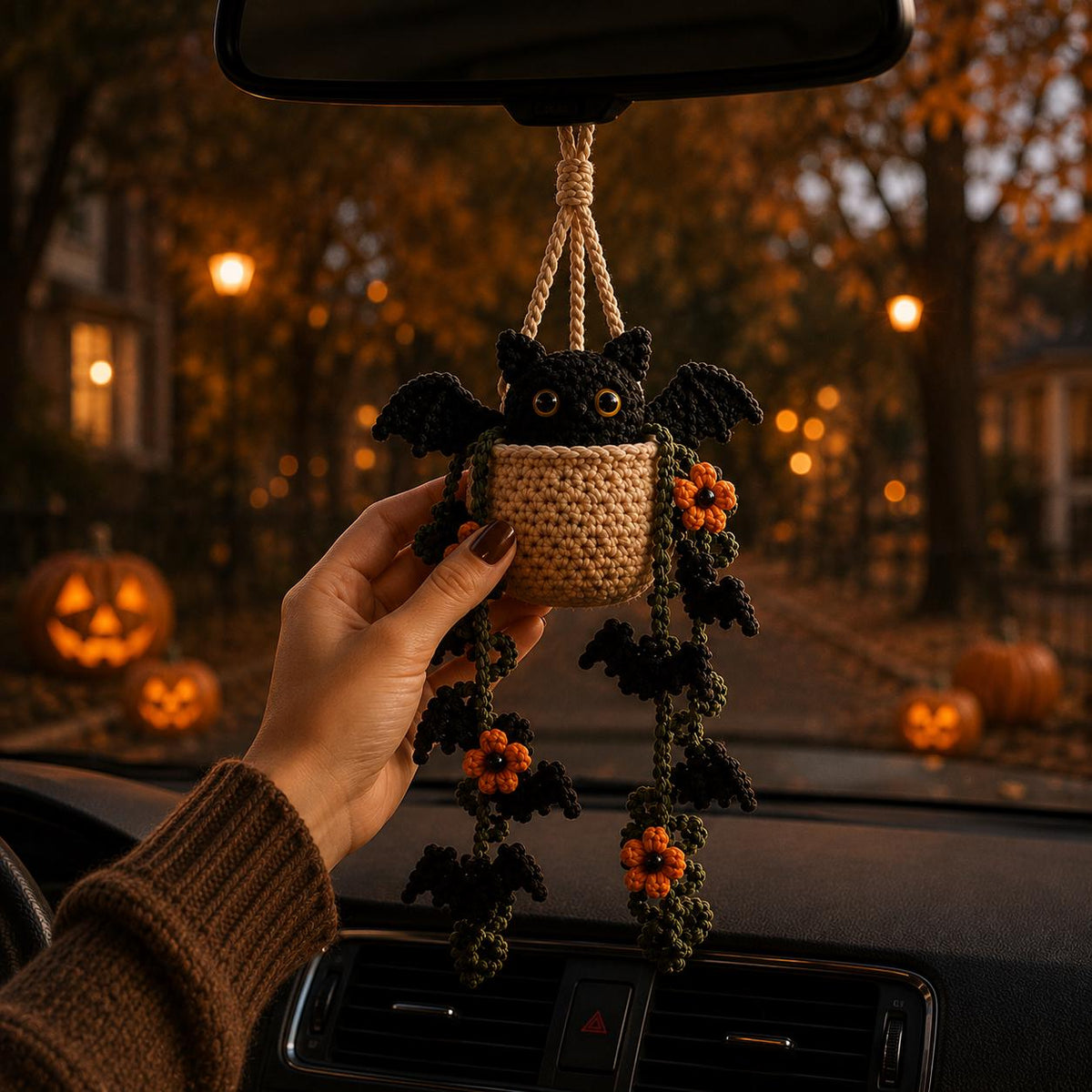 Crochet Bat Car Plant, Halloween Rearview Mirror Charm, Spooky Hanging Decor, Mini Plant Pot Accessory, Cute Bat Amigurumi, Fall Car Decor