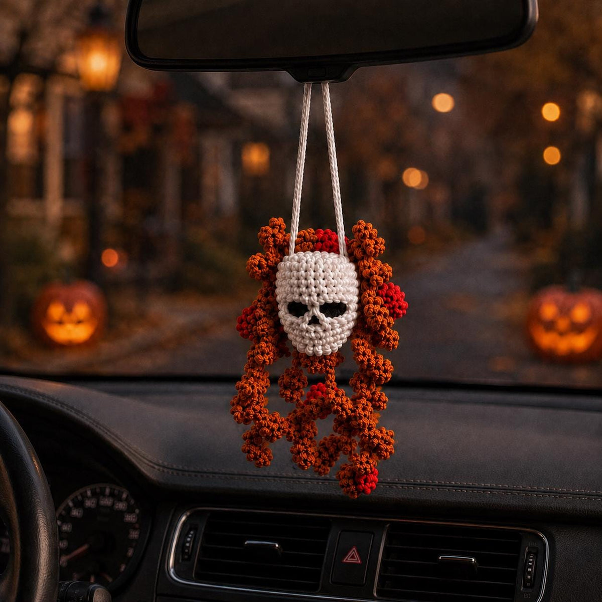 Crochet Skull Hanging Decor, Halloween Car Plant Mirror Charm, Spooky Hanging Ornament, Creepy Cute Amigurumi, Gothic Wall Decor Gift