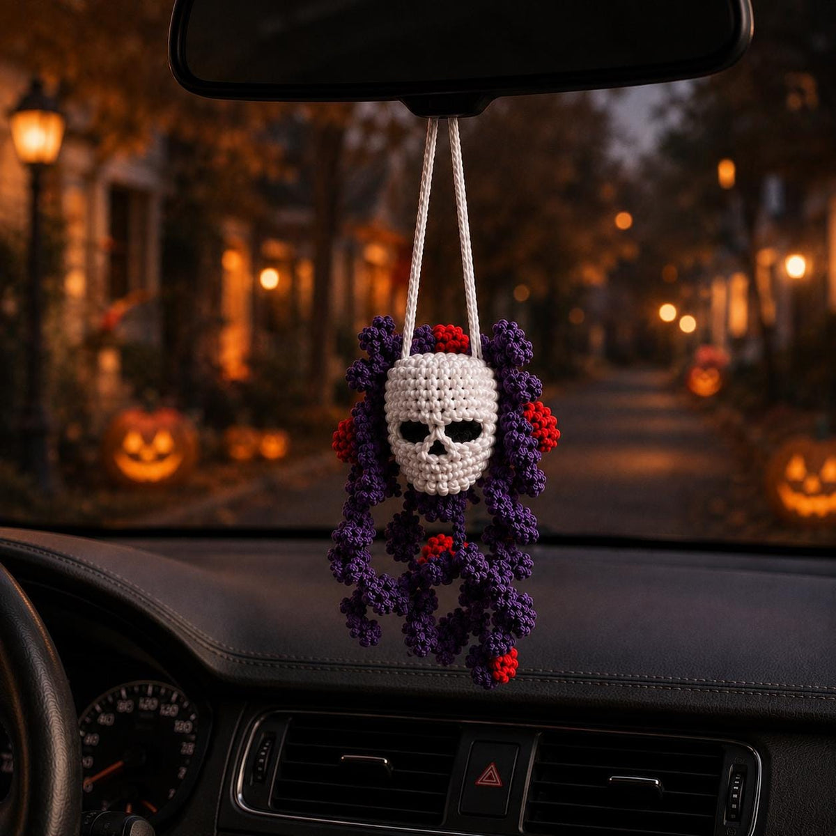 Crochet Skull Hanging Decor, Halloween Car Plant Mirror Charm, Spooky Hanging Ornament, Creepy Cute Amigurumi, Gothic Wall Decor Gift