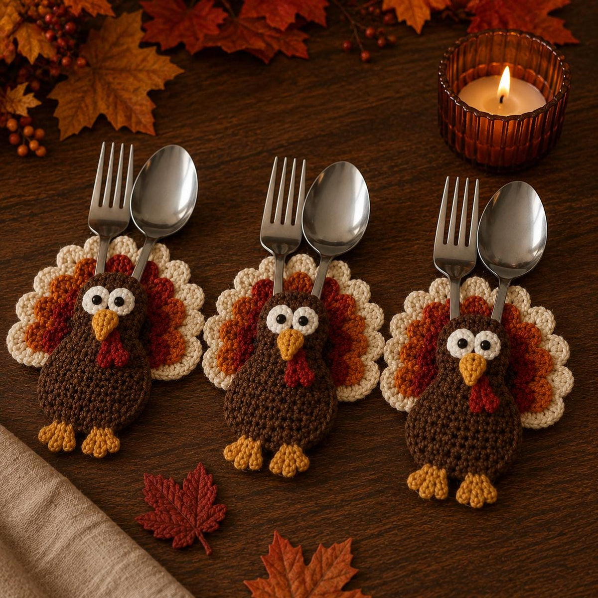 Crochet Turkey Cutlery Holder, Thanksgiving Table Decor, Turkey Silverware Pocket, Autumn Dining Setup, Fall Party Favor, Hostess Gift Set