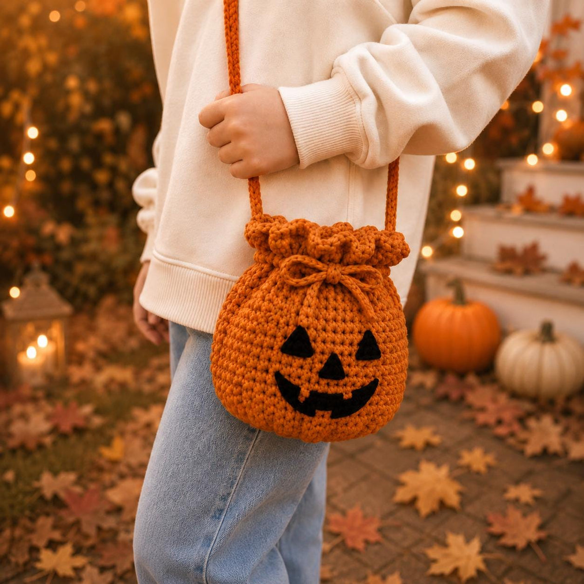 Crochet Pumpkin Candy Bag, Halloween Ghost Treat Pouch, Cute Drawstring Treat Bag, Spooky Trick or Treat Pouch, Kids Halloween Favor Bag